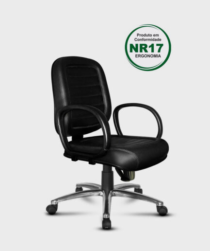 Poltrona giratória diretor Tescaro com base relax alumínio e braço preto